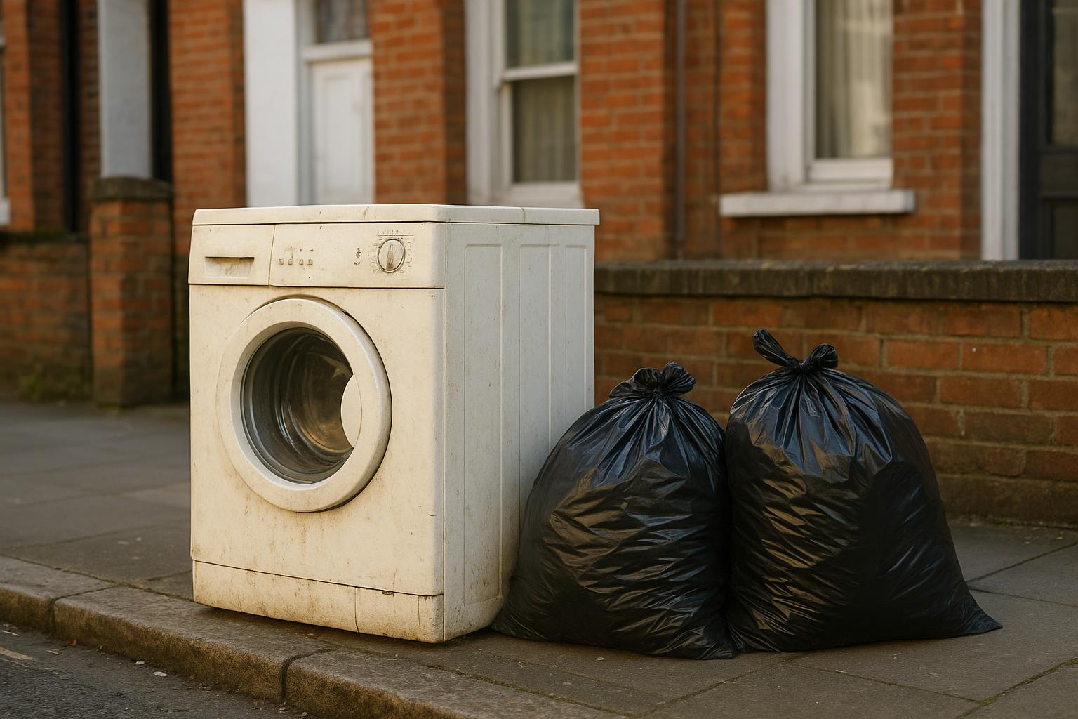 An old white washing machine left out next to black bin bags on a London terraced street, illustrating why it cannot be collected with general rubbish