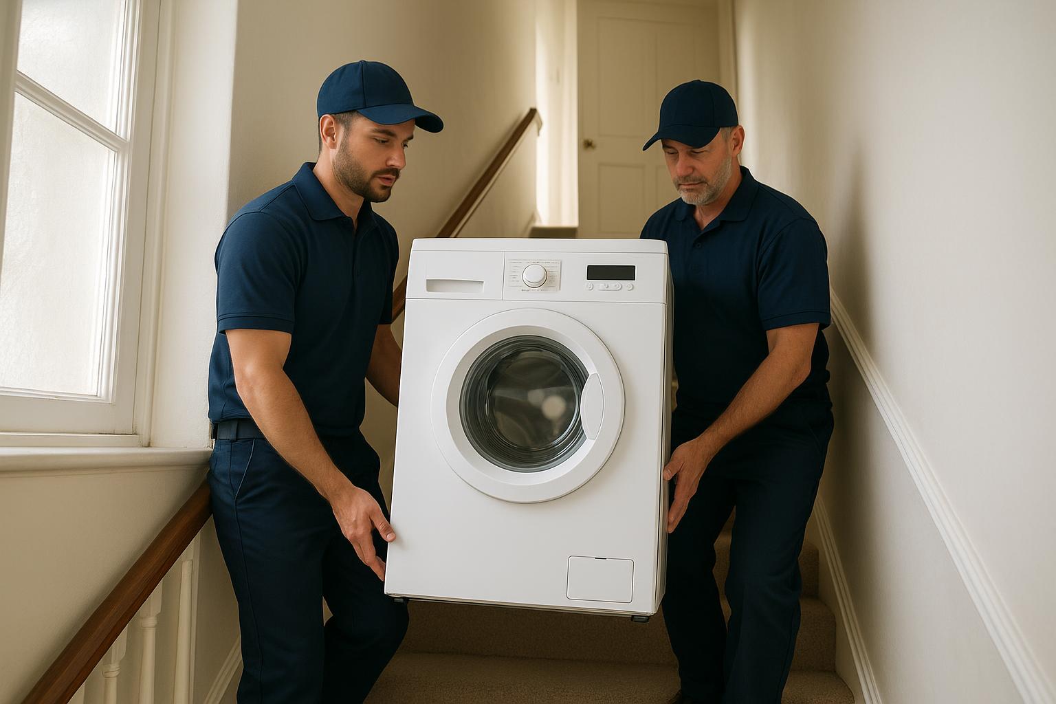 Two removal workers carefully carrying a washing machine down a narrow staircase in a London terraced house