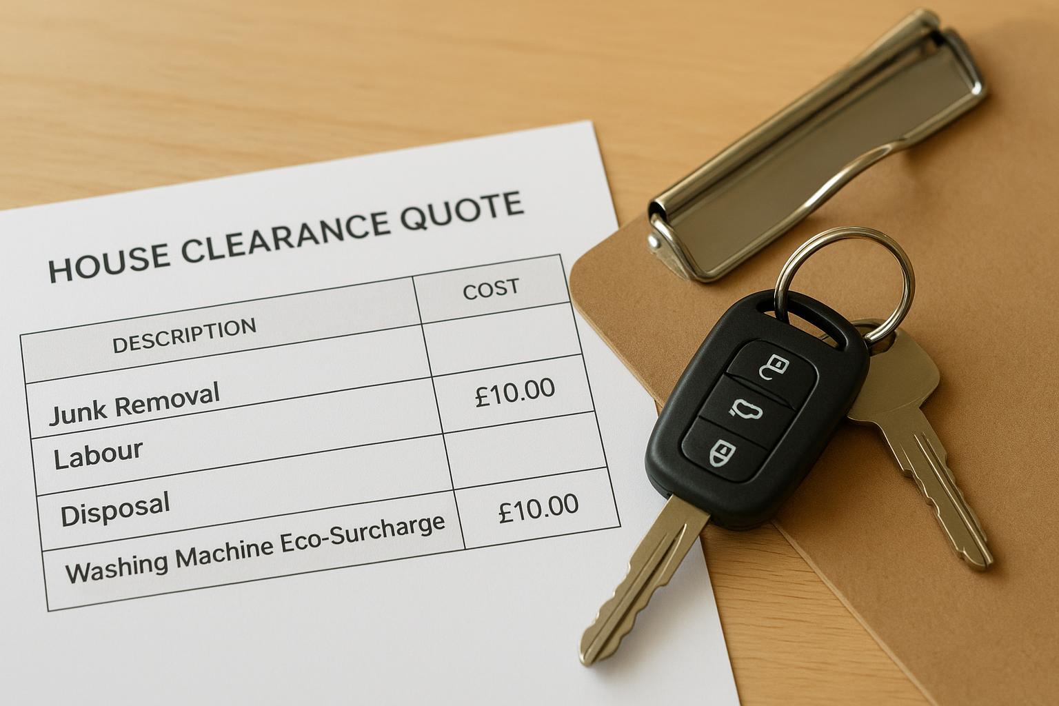 Close-up of a washing machine eco-surcharge line item on a London house clearance quote next to a clipboard and van keys