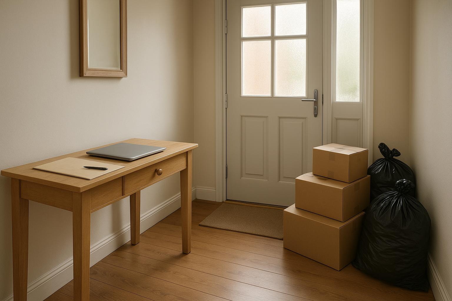 Tidy hallway with a wooden table holding a closed laptop and a paper folder with a pen, and boxes and black sacks stacked beside the front door