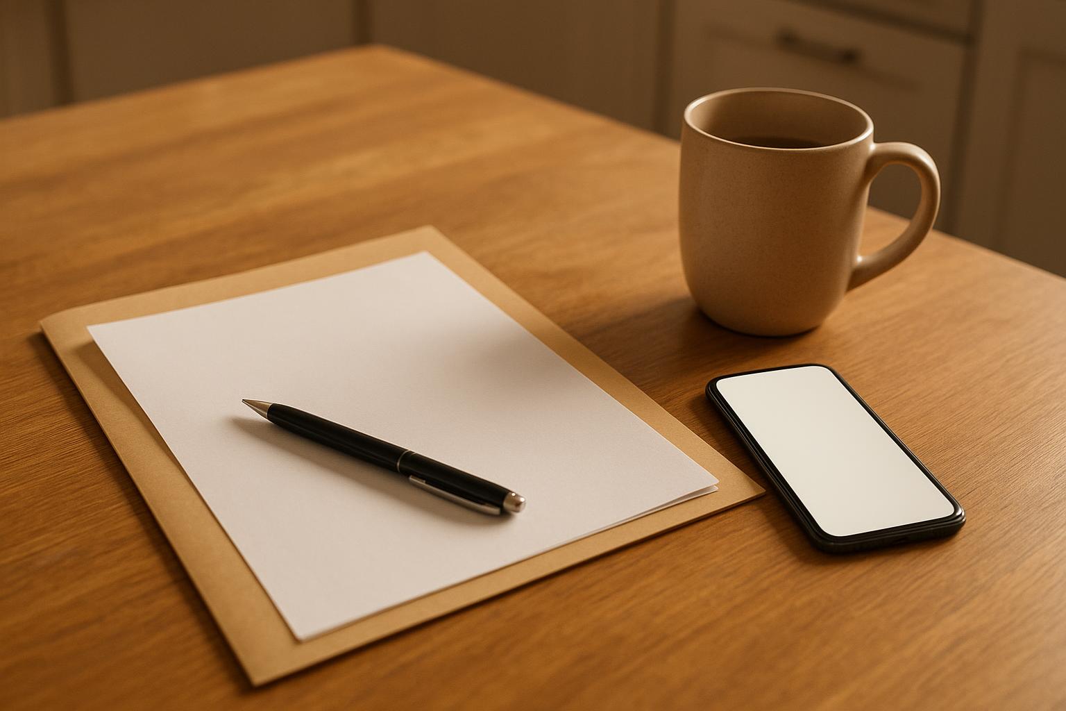 Paper folder with a blank sheet and pen beside a smartphone and a mug on a wooden kitchen table