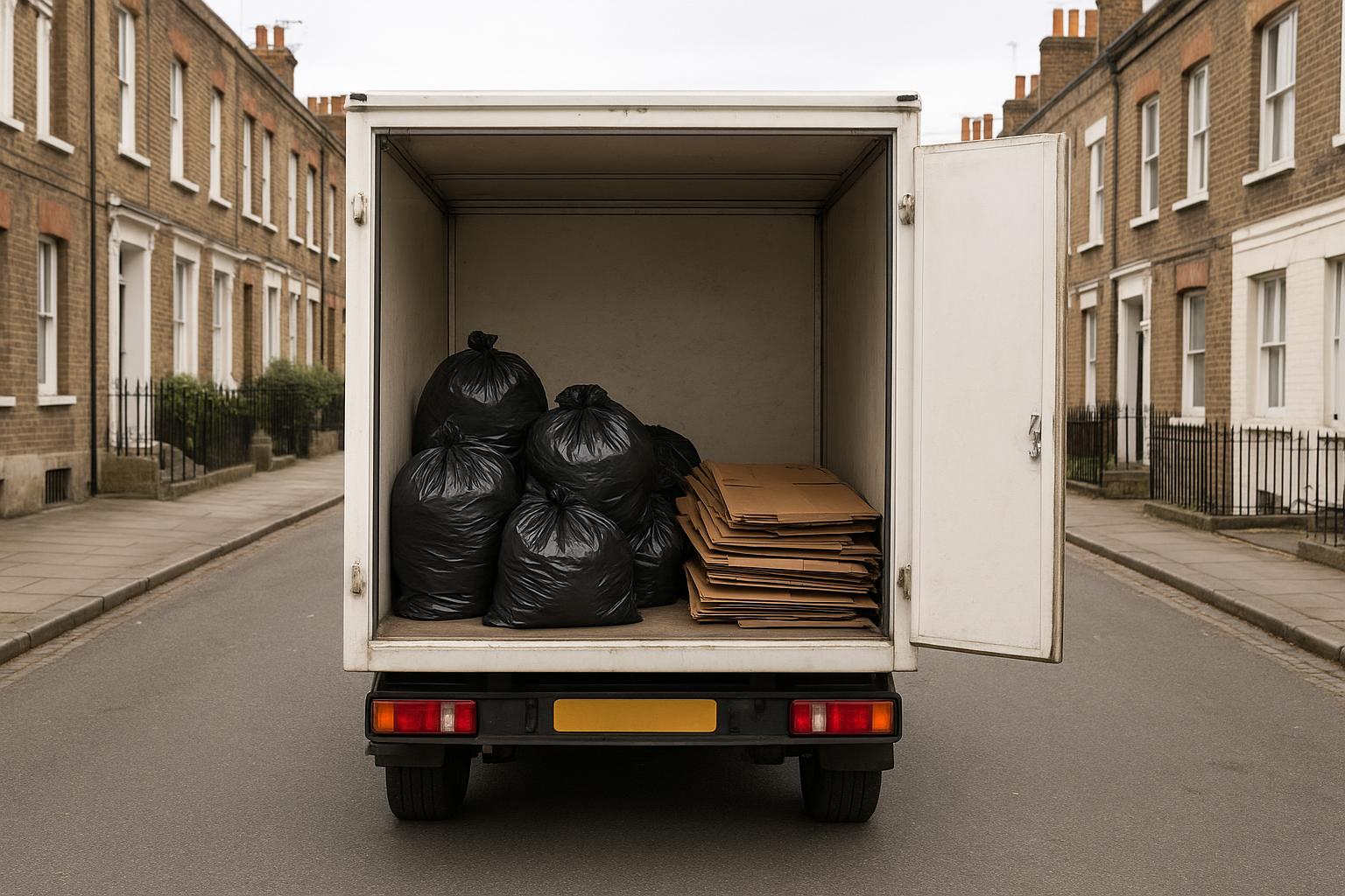Open rear of a plain white box van on a London terraced street containing tied black sacks and flattened cardboard