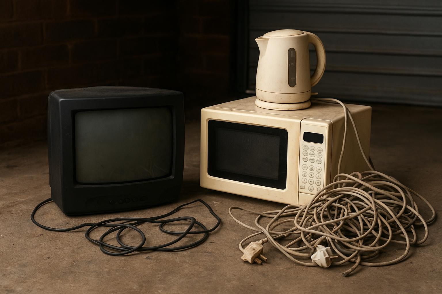 A pile of old household electricals including a CRT television, a microwave, a kettle and tangled cables on a garage floor in a UK home, no people, no readable text