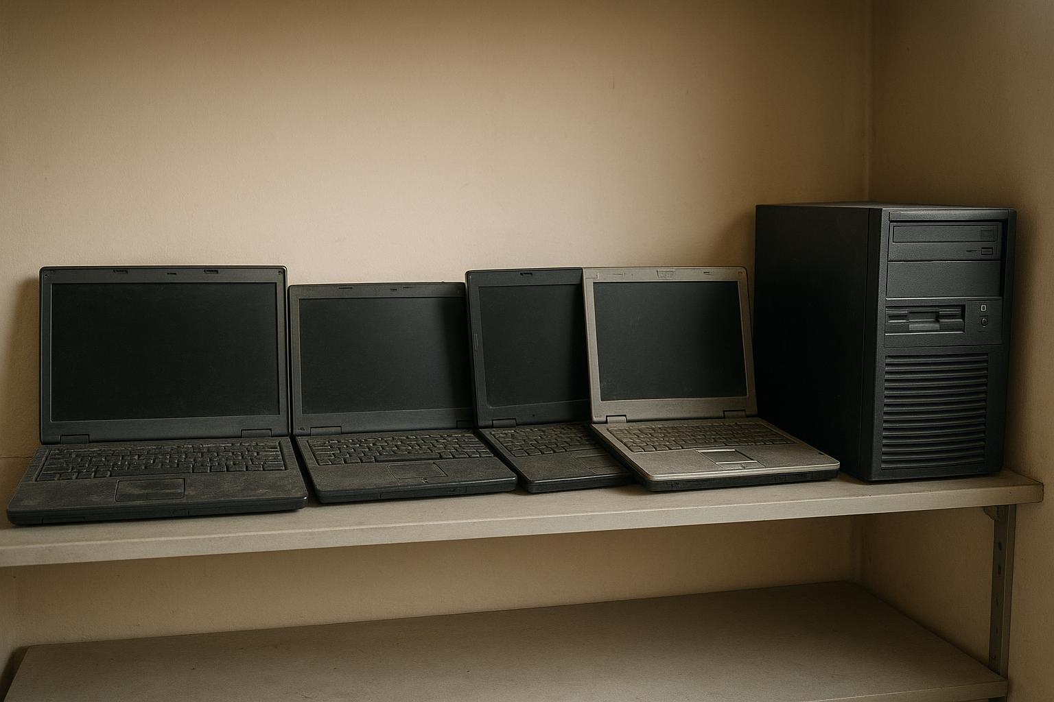 A row of old laptops and a desktop computer tower on a shelf awaiting recycling in a tidy spare room, no people, no readable text