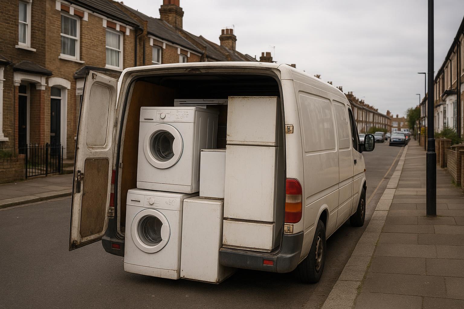 A white van with its rear doors open loaded with old washing machines and fridges on a London residential street, no people, no readable text
