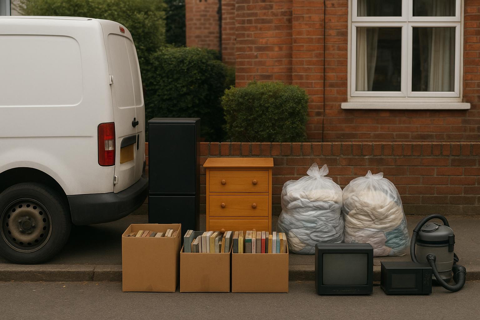 Neatly sorted house clearance items beside a van: furniture, boxes of books, bagged textiles and small electrical items in separate groups