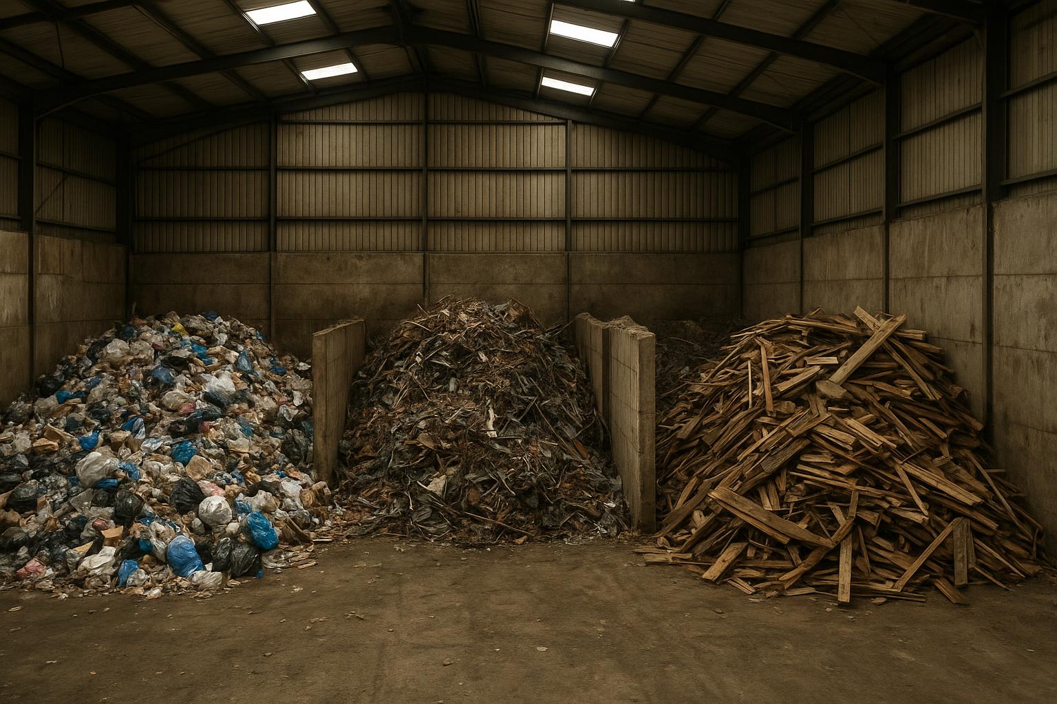 Inside a UK waste transfer station: a large covered hall with sorted piles of mixed household waste, scrap metal and wood in separate bays