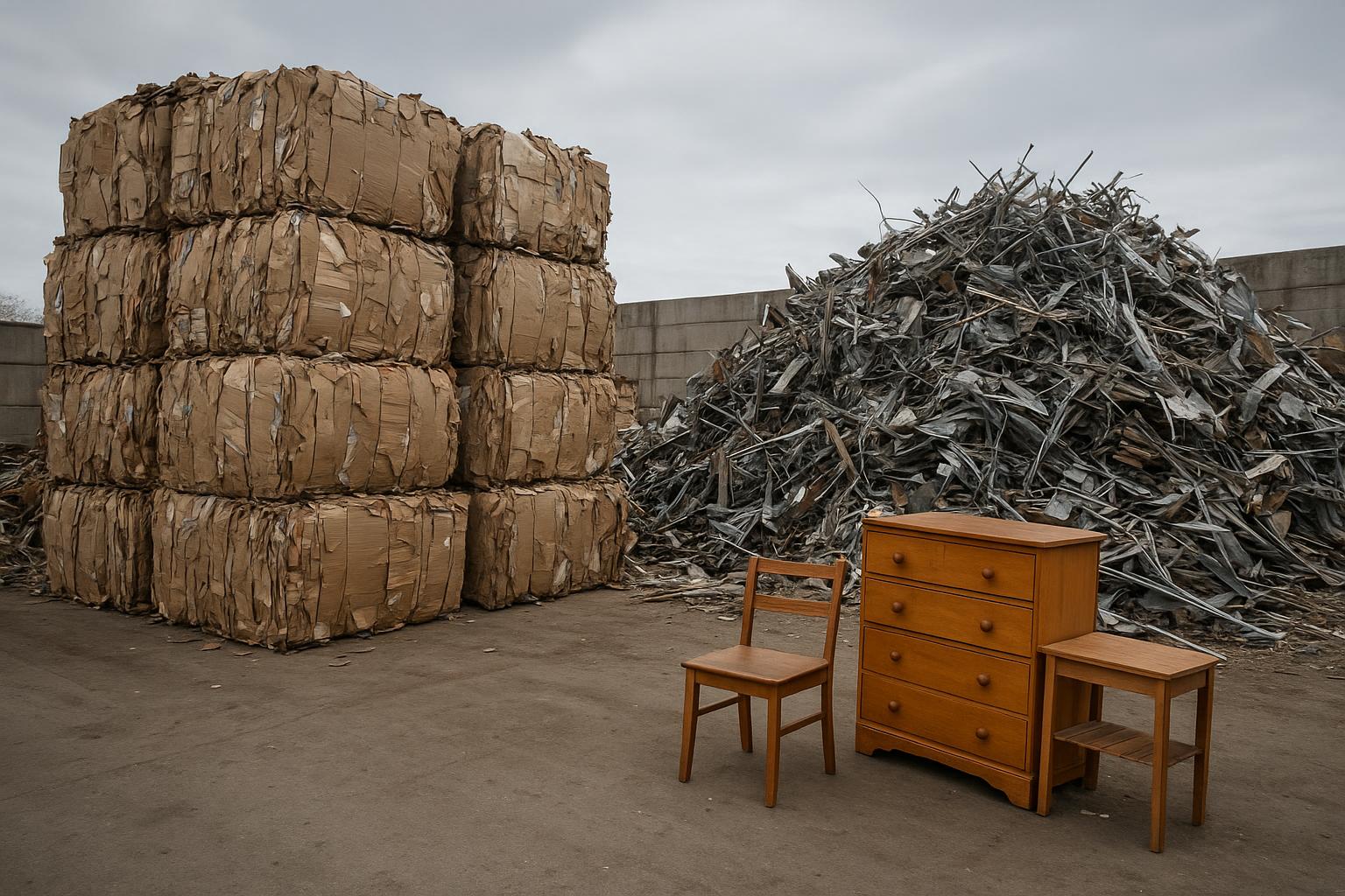 Stacked flattened cardboard bales, scrap metal bundles and wooden furniture awaiting recycling at a sorting facility