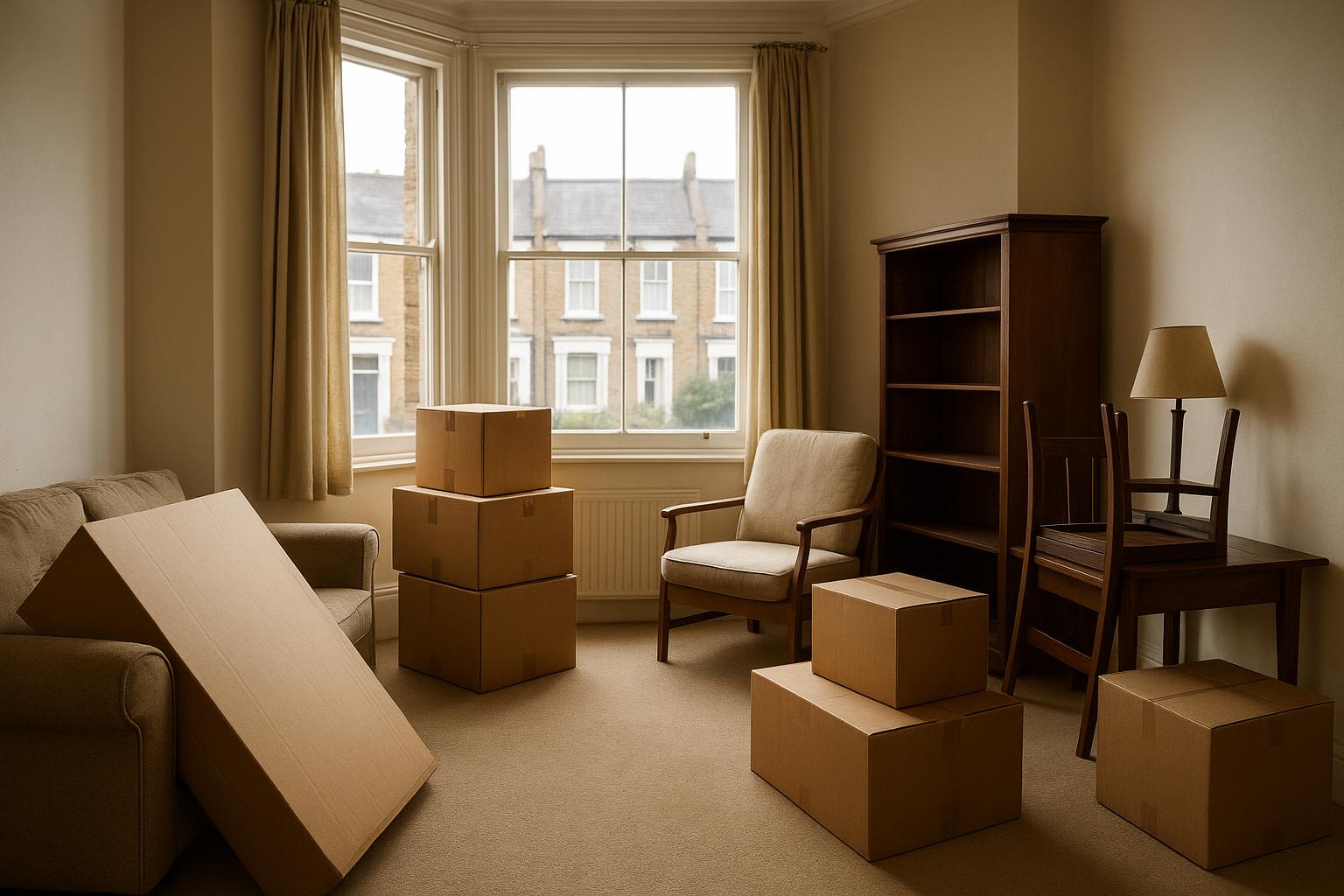 Living room in a London terraced house with furniture and cardboard boxes stacked ready for a house clearance