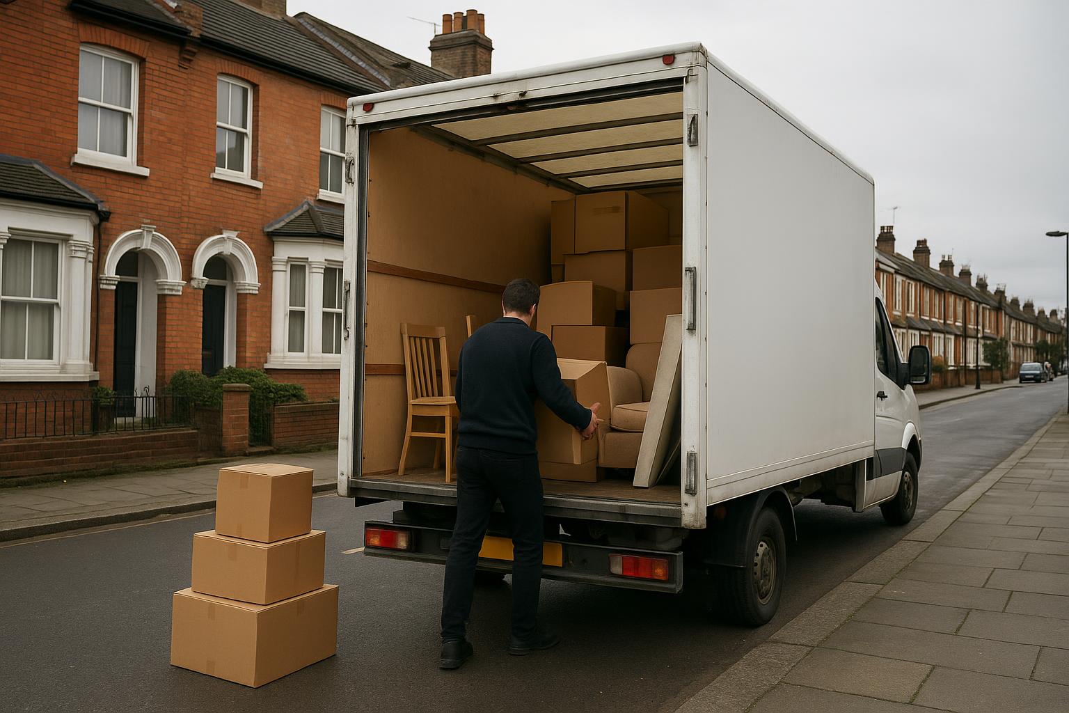 Luton van parked on a London residential street with boxes and furniture being loaded for a house clearance