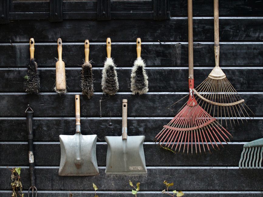 Garden tools including a rake, dustpans and stiff brushes hanging from hooks on a shed's wooden wall