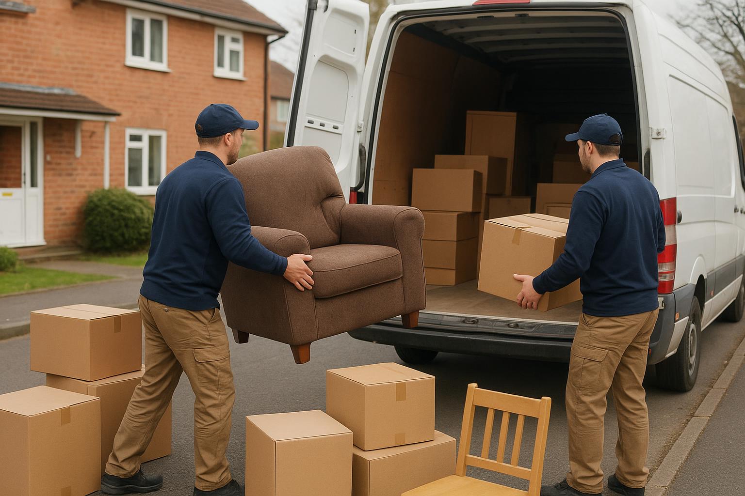 Workers sorting furniture and boxes into a van
